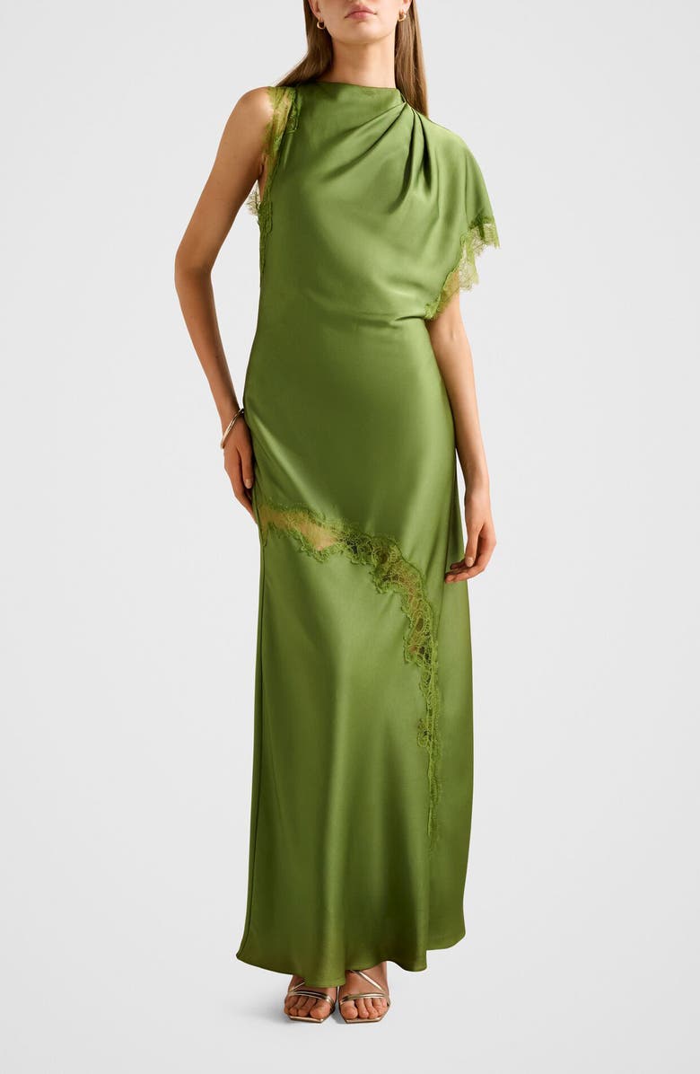 Ever New Kody One-Shoulder Satin & Lace Gown, Main, color, Green