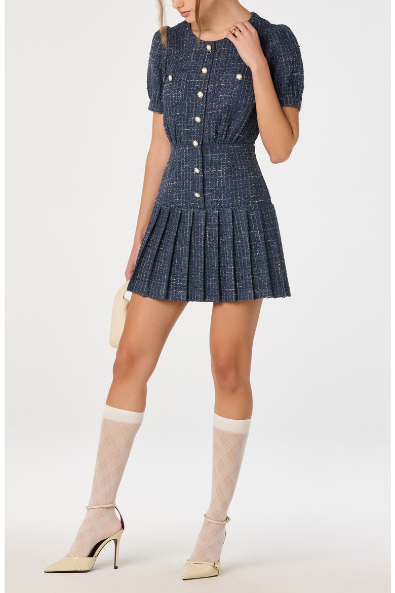 Brenlee Pleated Tweed Minidress, Alternate, color, DENIM BLUE