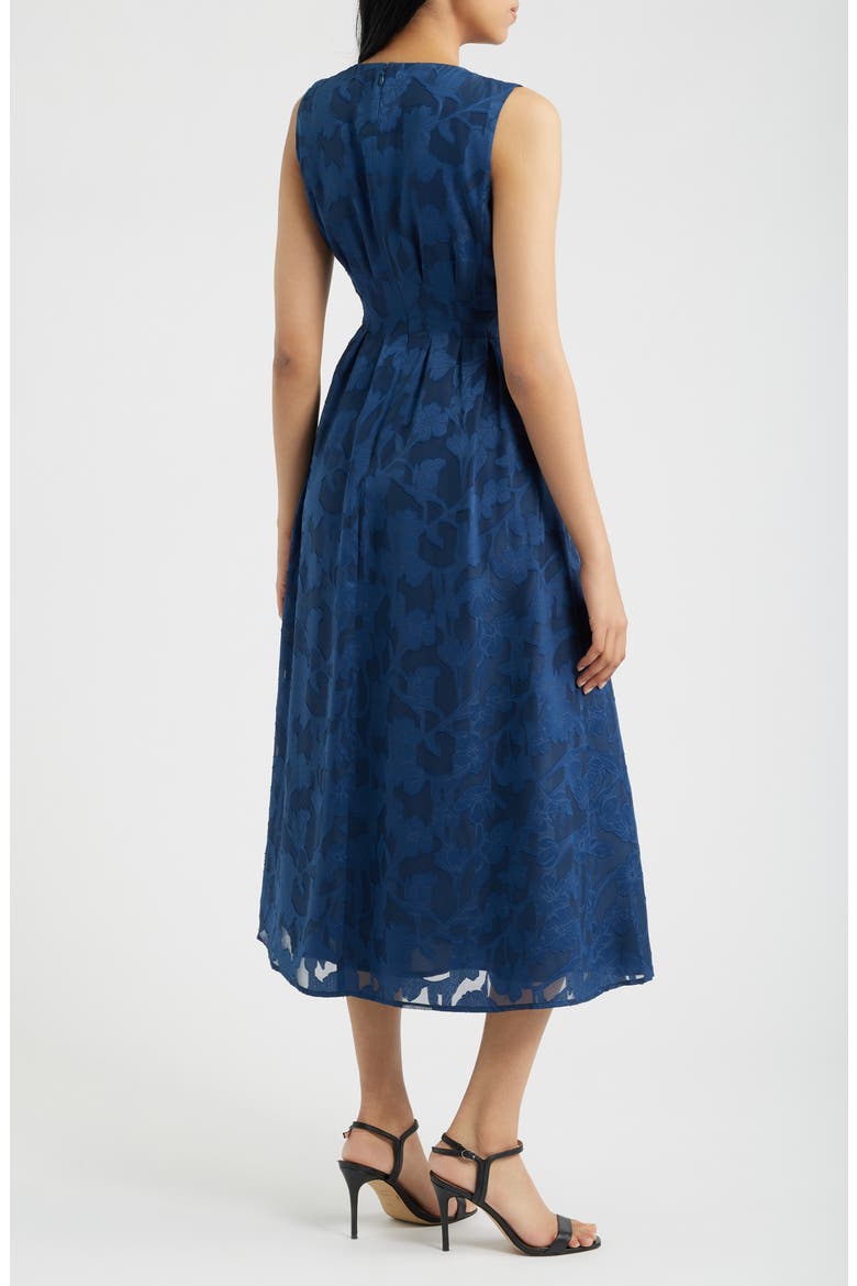 Pleated Floral Jacquard Midi A Line Dress, Alternate, color, BLUE CARBON