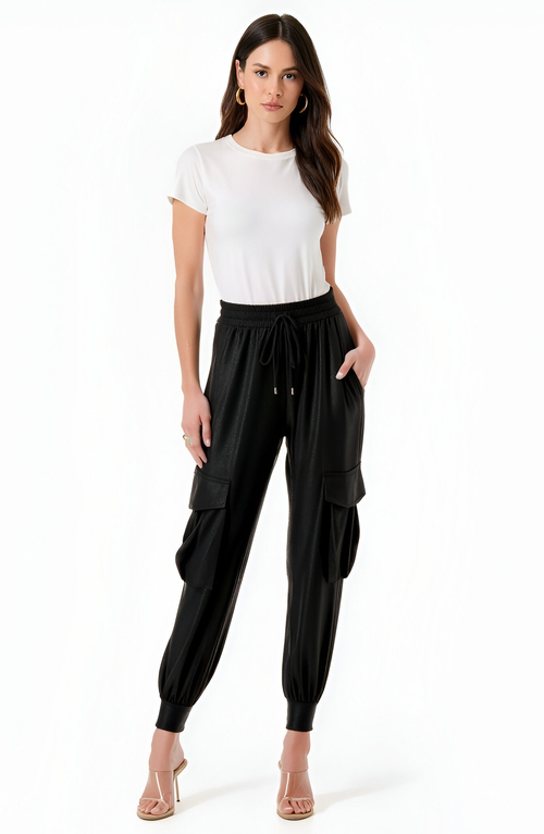 Modenaire Faux Leather Cargo Drawstring Jogger Pants In Black