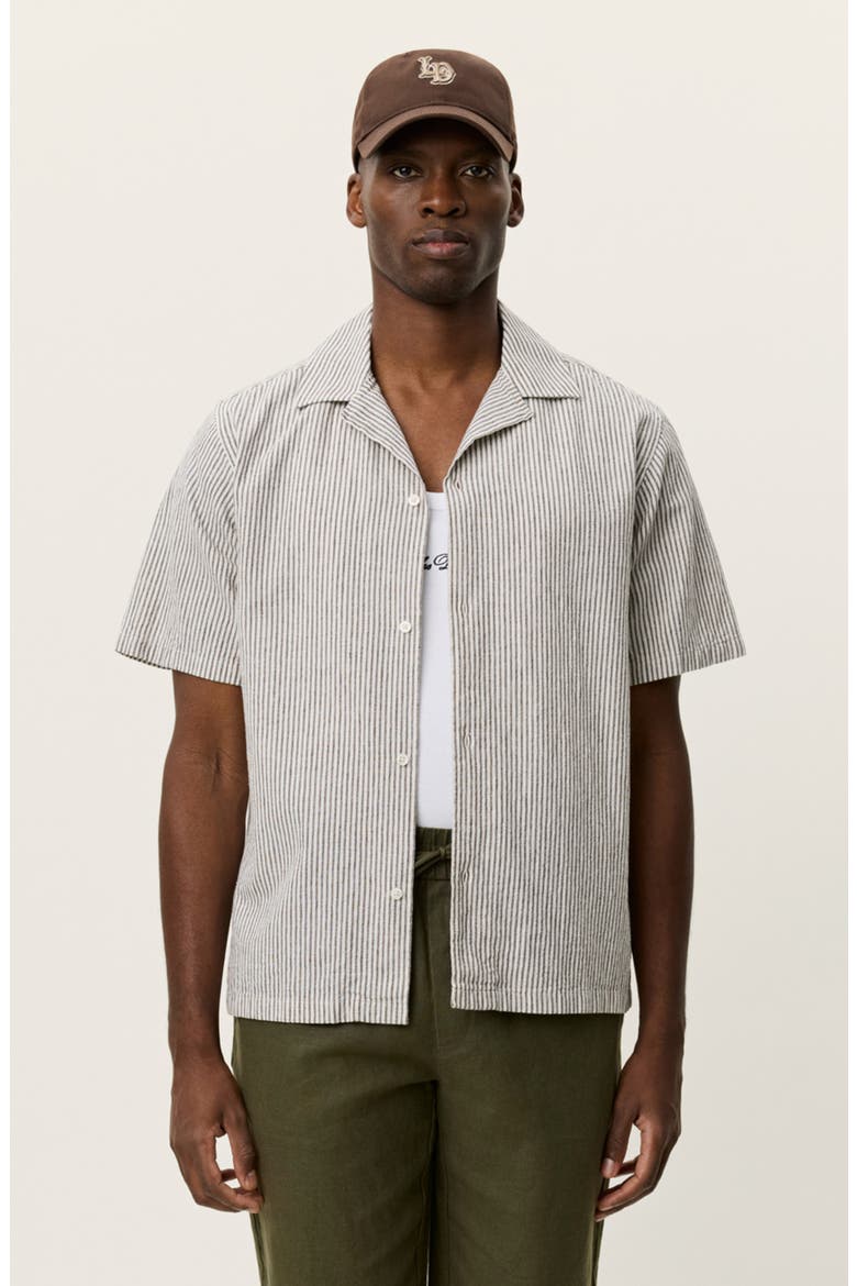 Lukas Stripe Cotton & Linen Camp Shirt, Alternate, color, TEAK BROWN