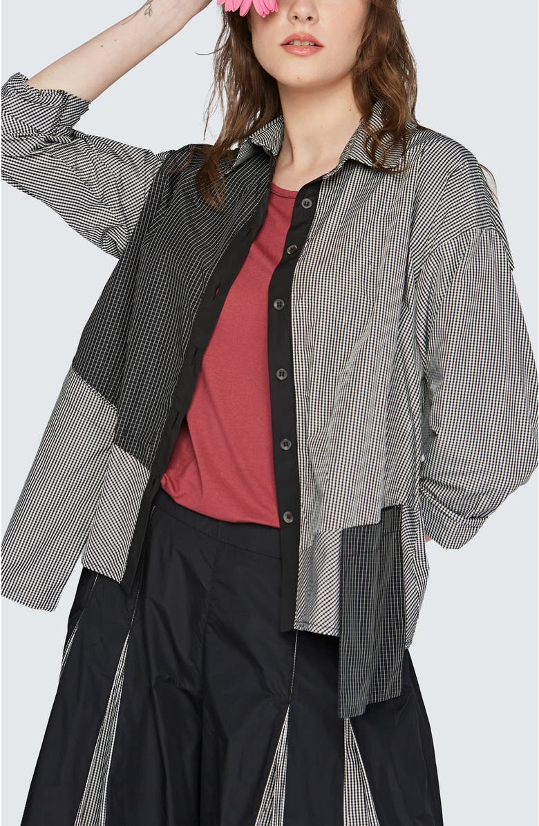 LUUKAA Cleo Checkered Memory Taffeta Shirt, Alternate, color, Black