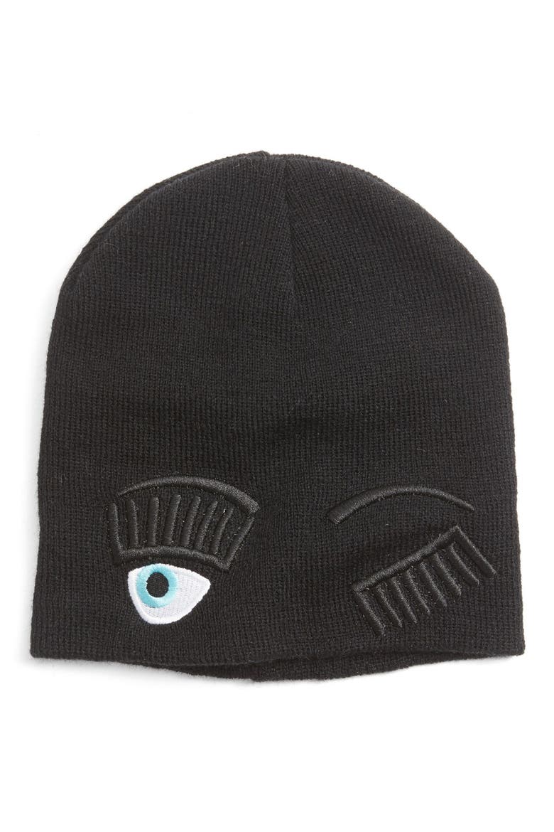 Winking Knit Beanie, Main, color, BLACK