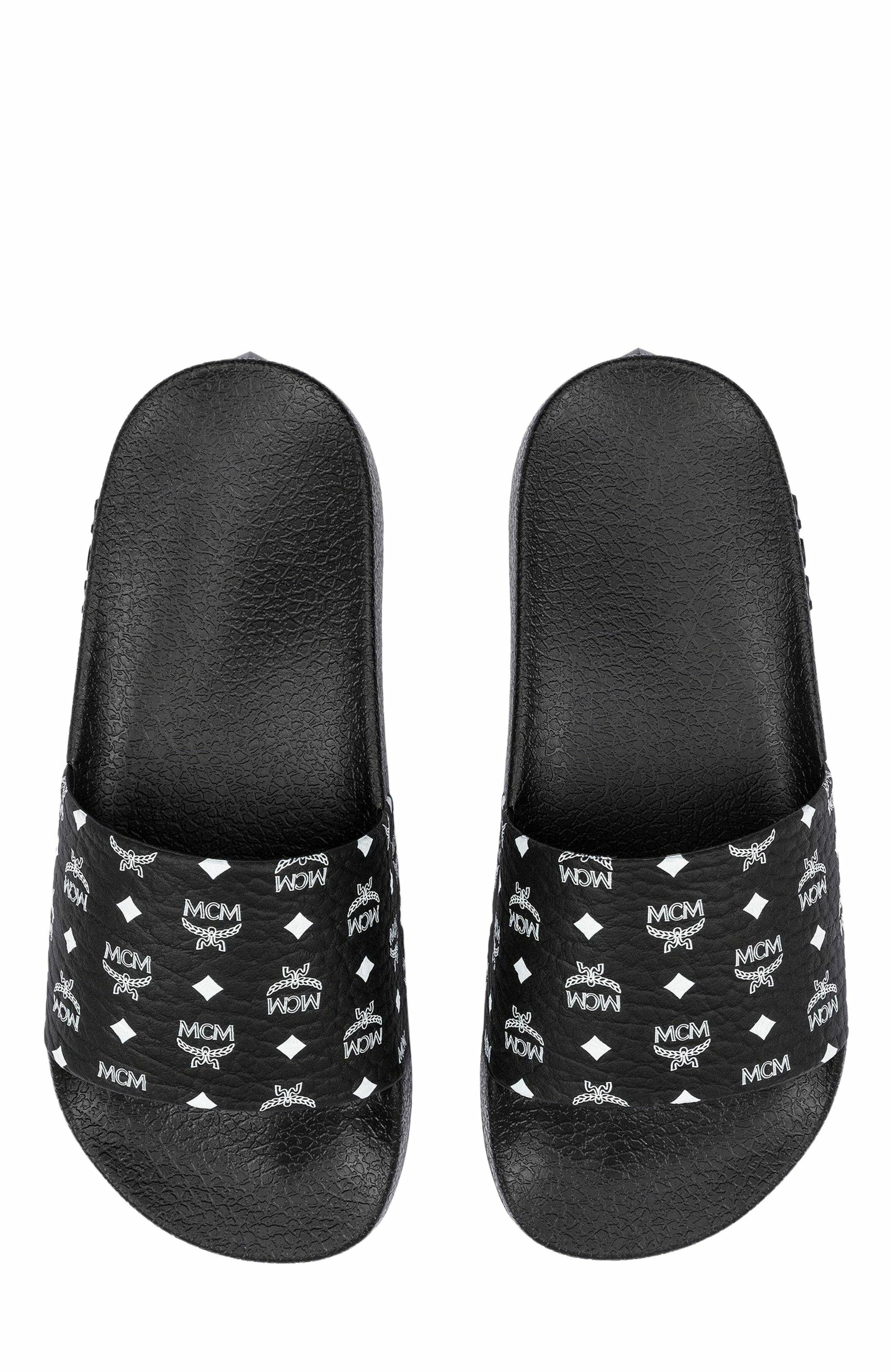 MCM Men's Monogram Print Rubber Slides, Alternate, color, Black