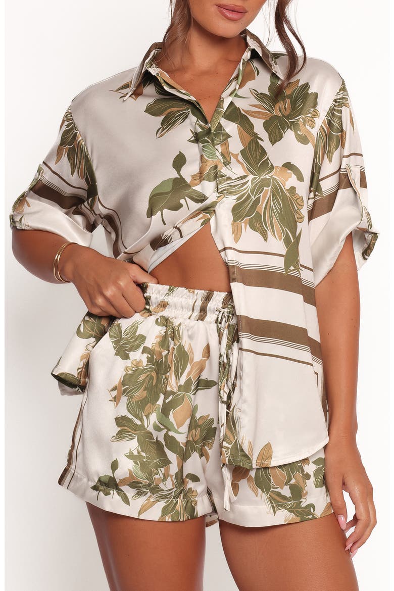 Lara Floral Print & Stripe Satin Shirt, Main, color, OLIVE PRINT