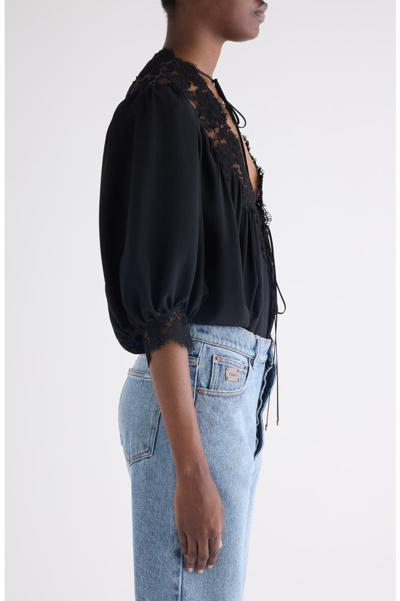 Lace Trim Silk Top, Alternate, color, BLACK