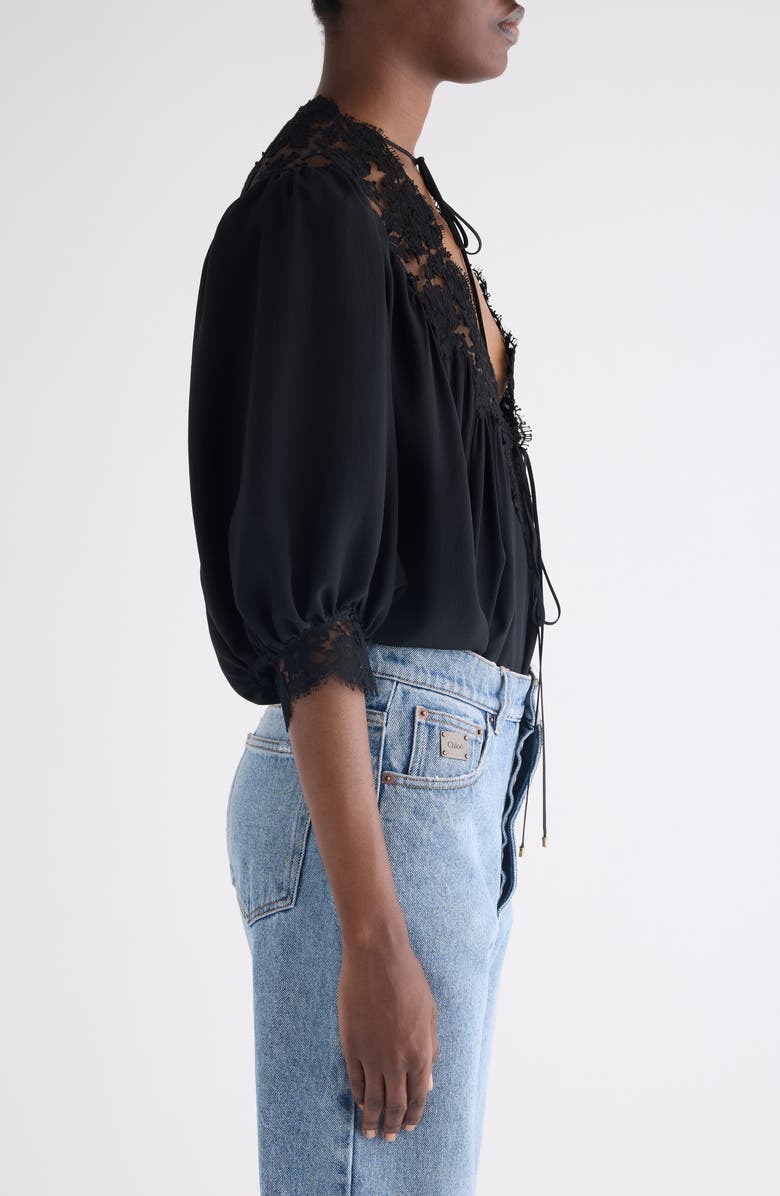 Chloé Lace Trim Silk Top, Alternate, color, Black