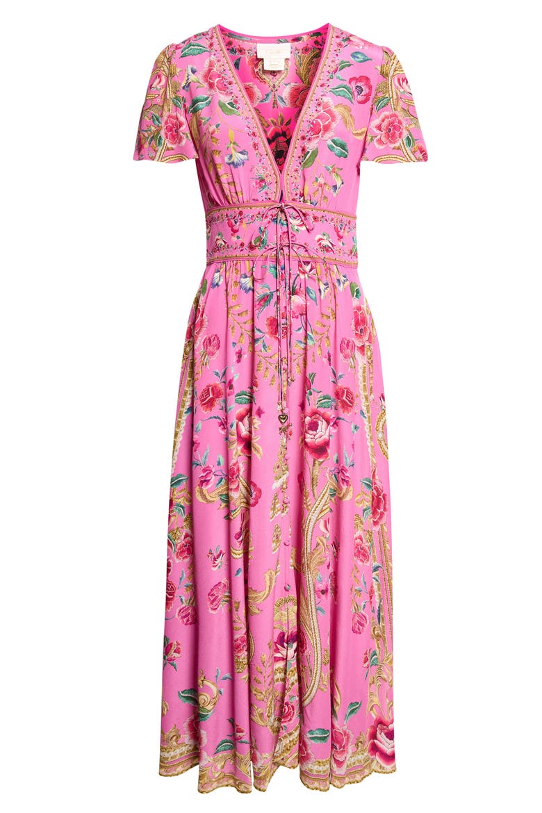 Floral V-Neck Silk Midi Dress, Main, color, MATADORA FLORA