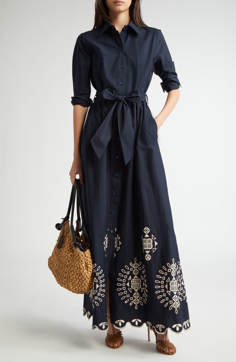 Eleventy Embroidered Long Sleeve Stretch Poplin Shirtdress, Main, color,