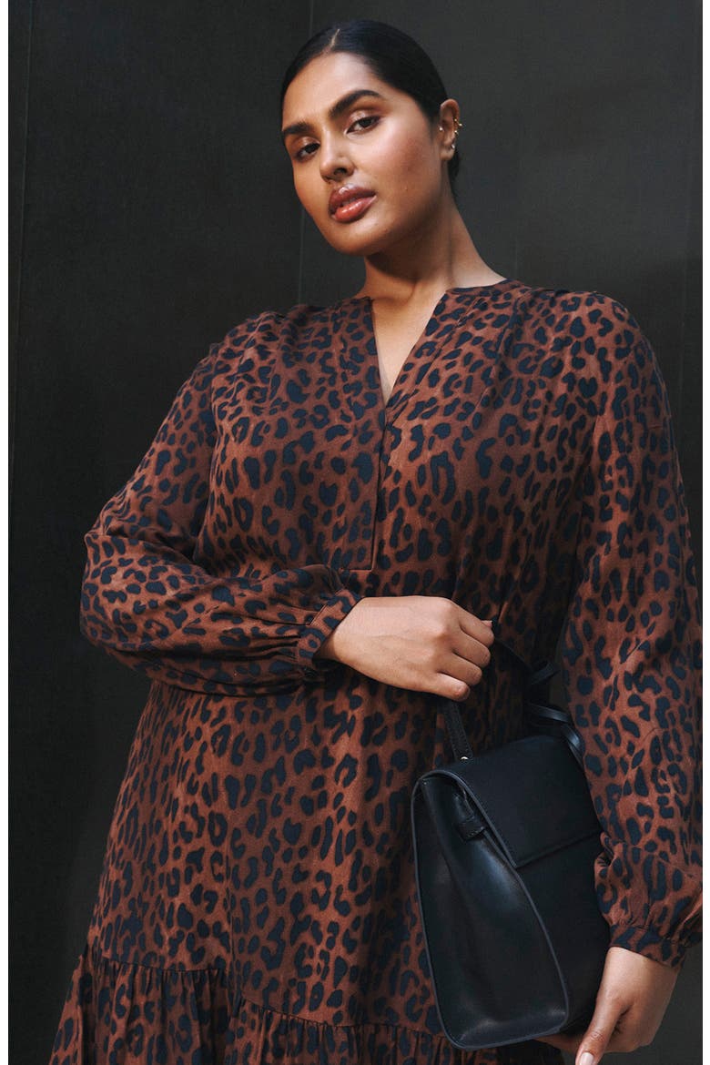 Leona Leopard Print Long Sleeve Dress, Alternate, color, CHOC/ NAVY