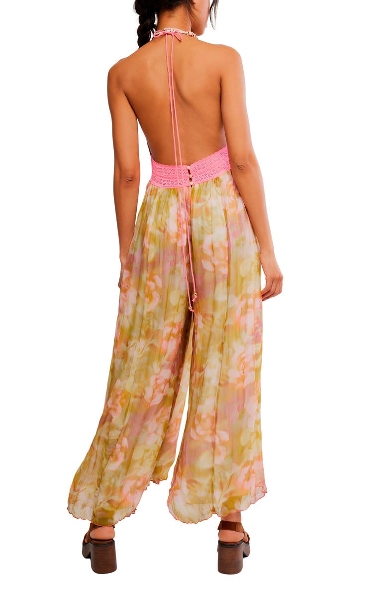 Free People Haze Print Wide Leg Halter Jumpsuit, Alternate, color, Blush Meadow Combo