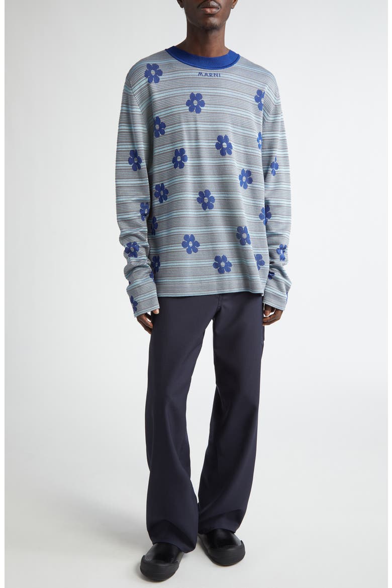 Floral Stripe Cotton Sweater, Alternate, color, BLUE