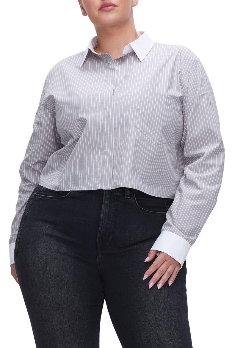 Stripe Crop Button-Up Shirt, Alternate, color, GREY STRIPE005