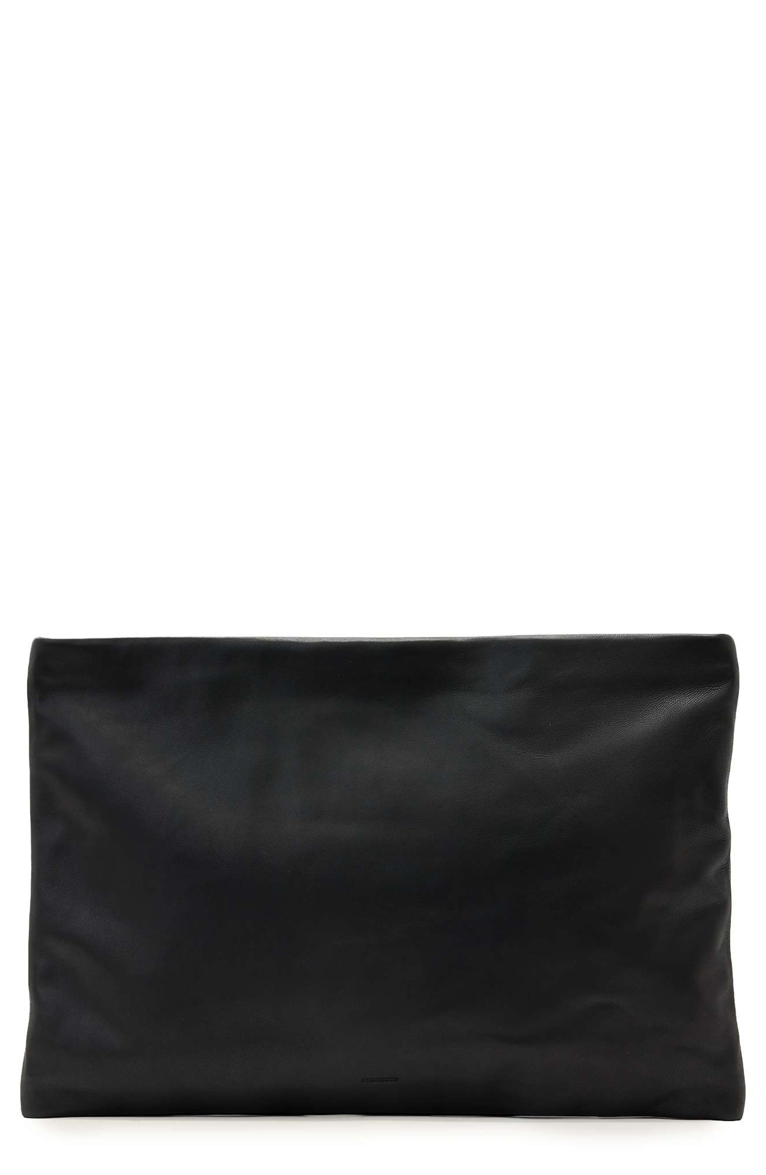 AllSaints Large Bettina Leather Clutch, Main, color, Black