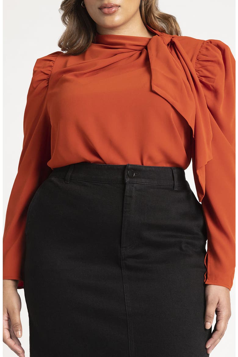 Puff Sleeve Tie Neck Stretch Crepe Blouse, Main, color, BURNT ORANGE