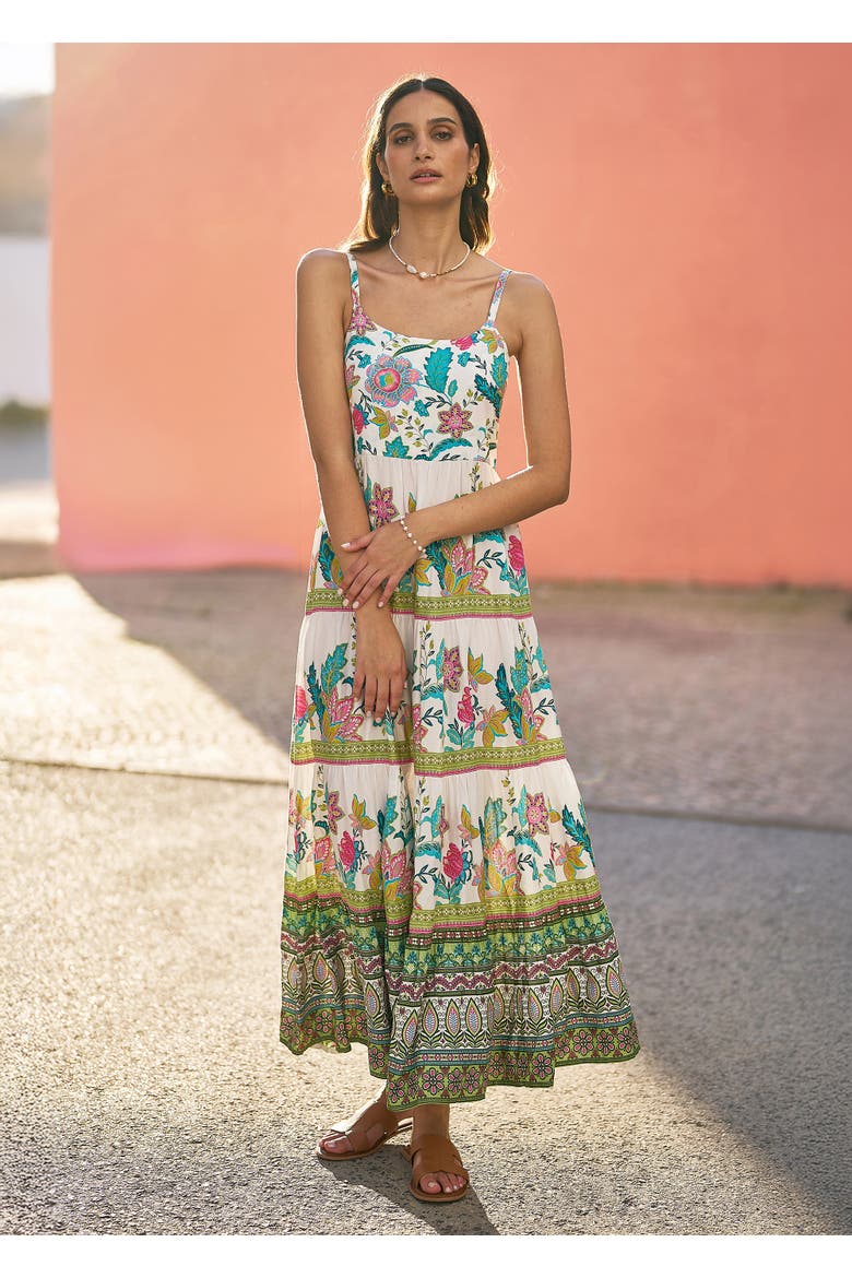 Floral Block Print Tiered Maxi Sun Dress, Alternate, color, Ivory