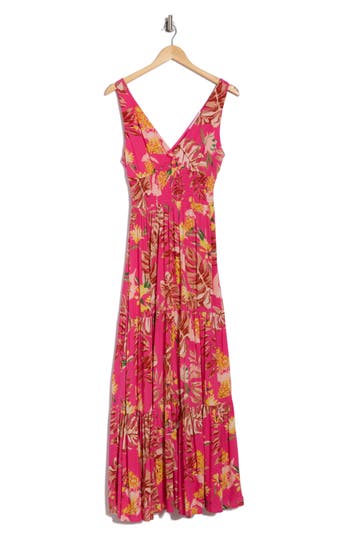 Lush Smocked Maxi Dress In Fuchsia Leaf