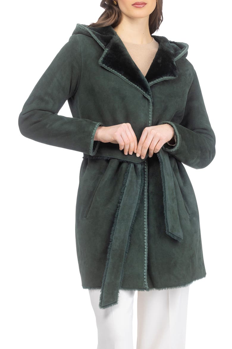 Genuine Shearling Belted Parka with Embroidered Trim, Alternate, color, Emerald