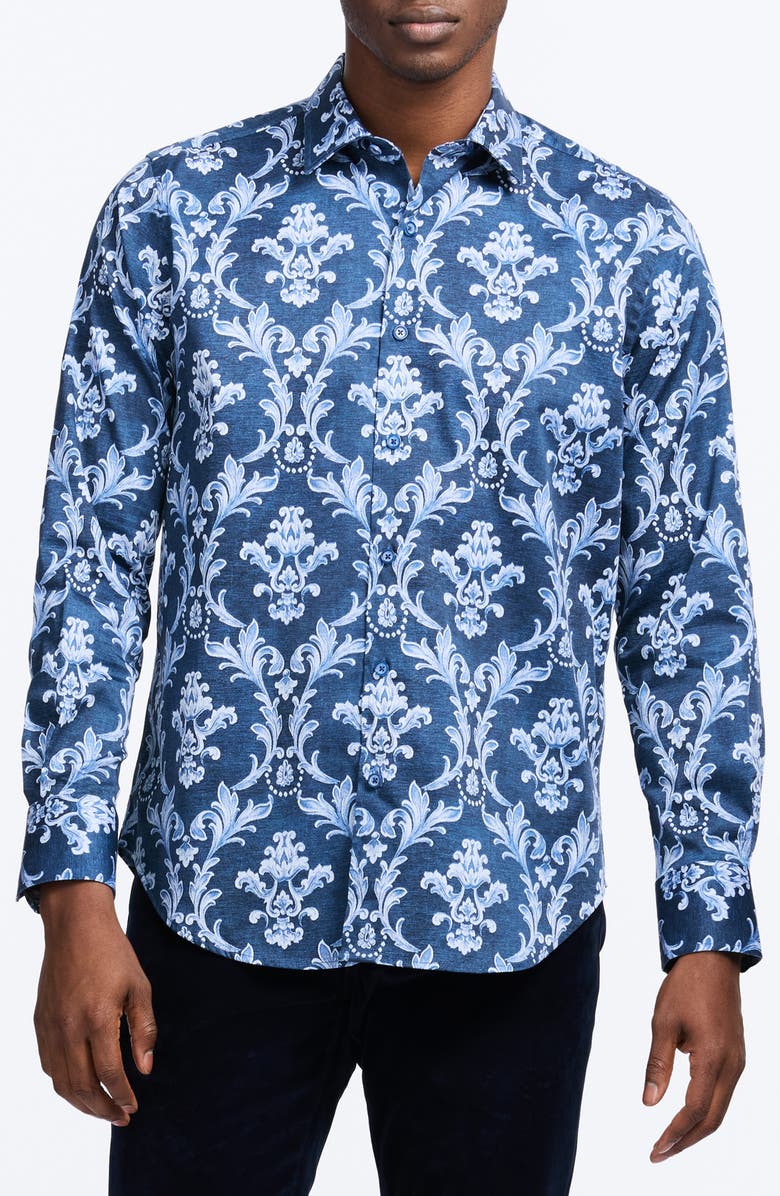Robert Graham Neville Blue Damask Print Stretch Cotton Button-Up Shirt, Main, color, Navy