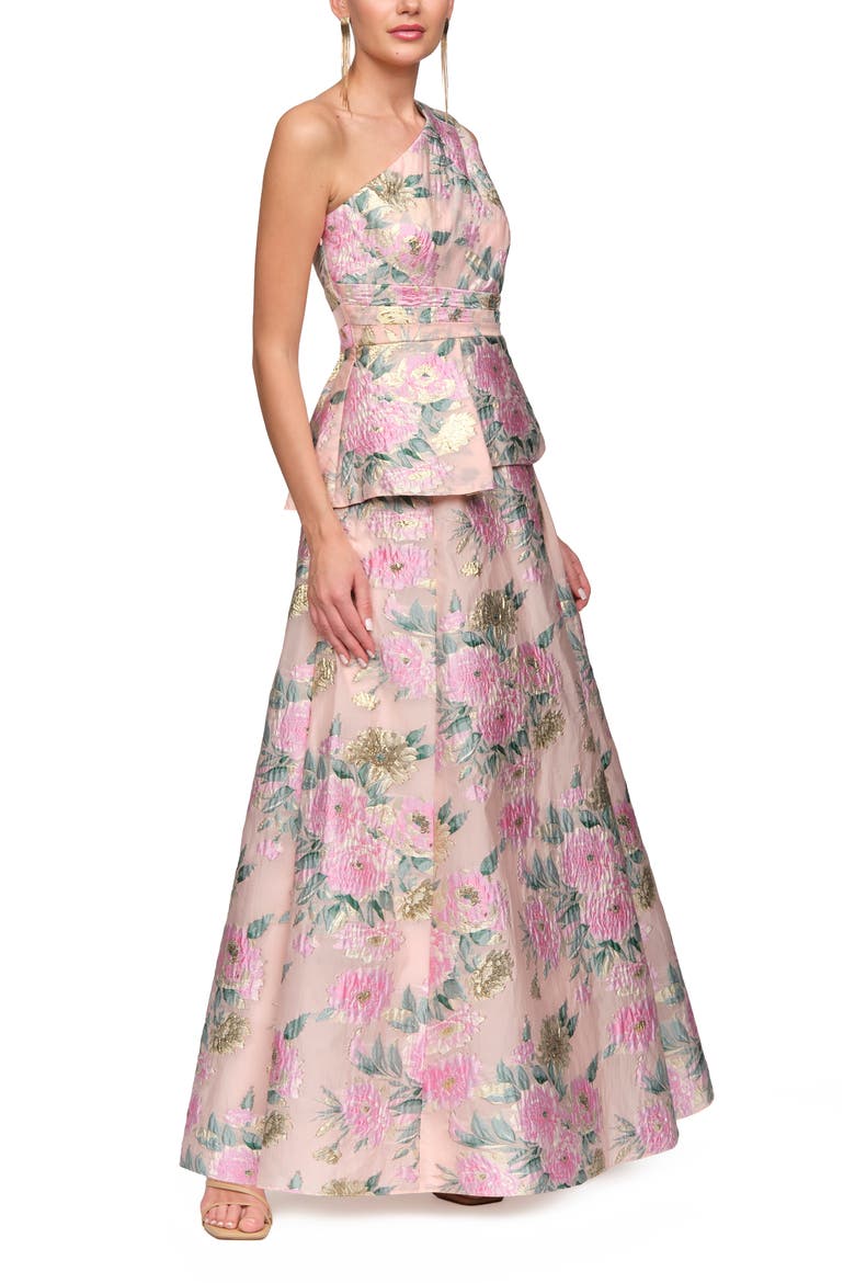 Mia One Shoulder Floral Metallic Jacquard Peplum Gown, Alternate, color, BLUSH MULTI