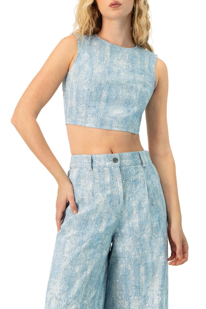 Sleeveless Embroidered Denim Crop Top, Main, color, Blue
