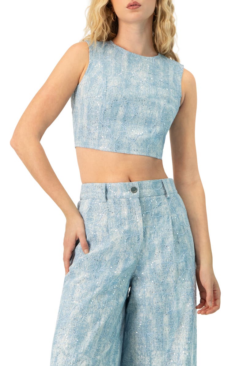 IVONNE Sleeveless Embroidered Denim Crop Top, Main, color, Blue