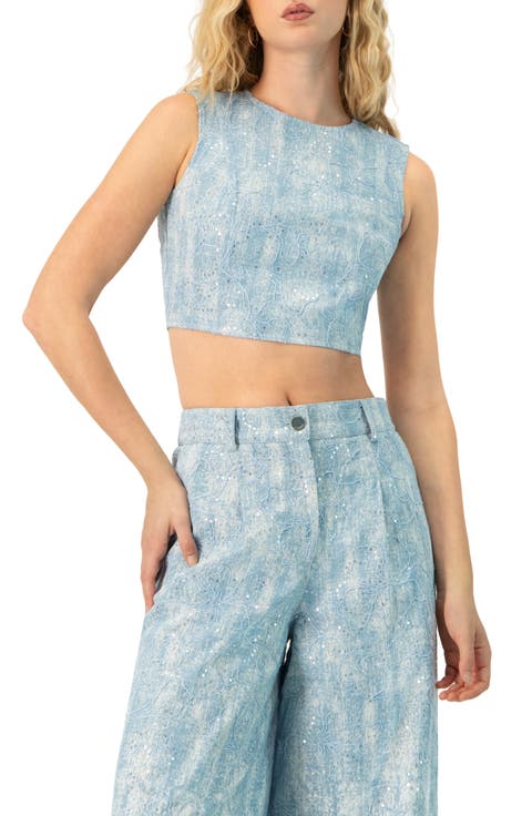 Sleeveless Embroidered Denim Crop Top