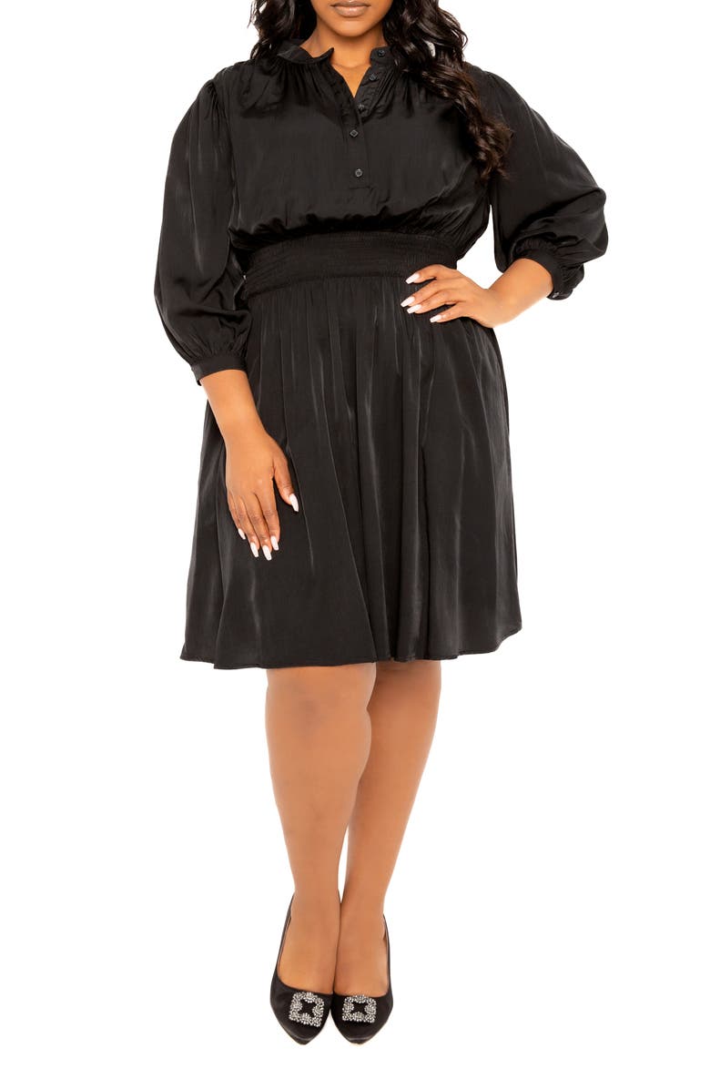 BUXOM COUTURE Smocked Long Sleeve Satin Dress, Alternate, color, Black