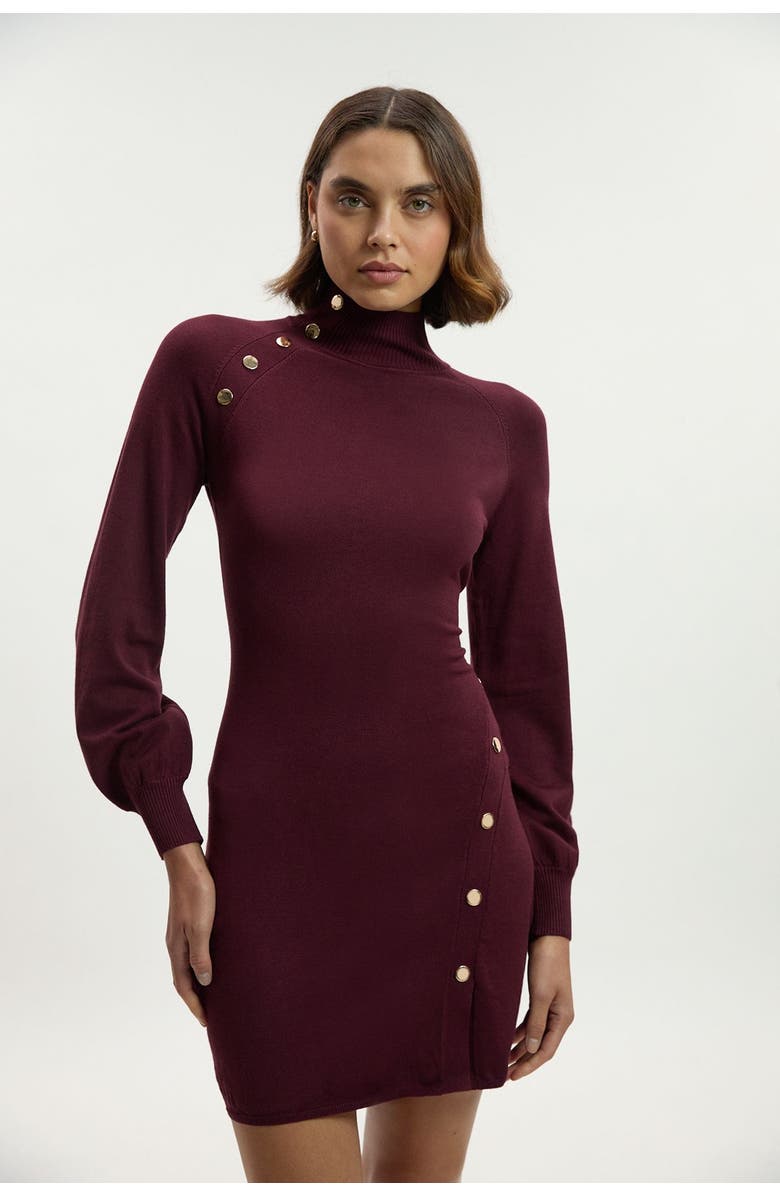 Karen Millen Viscose Blend Popper Knit Mini Dress, Main, color, Burgundy