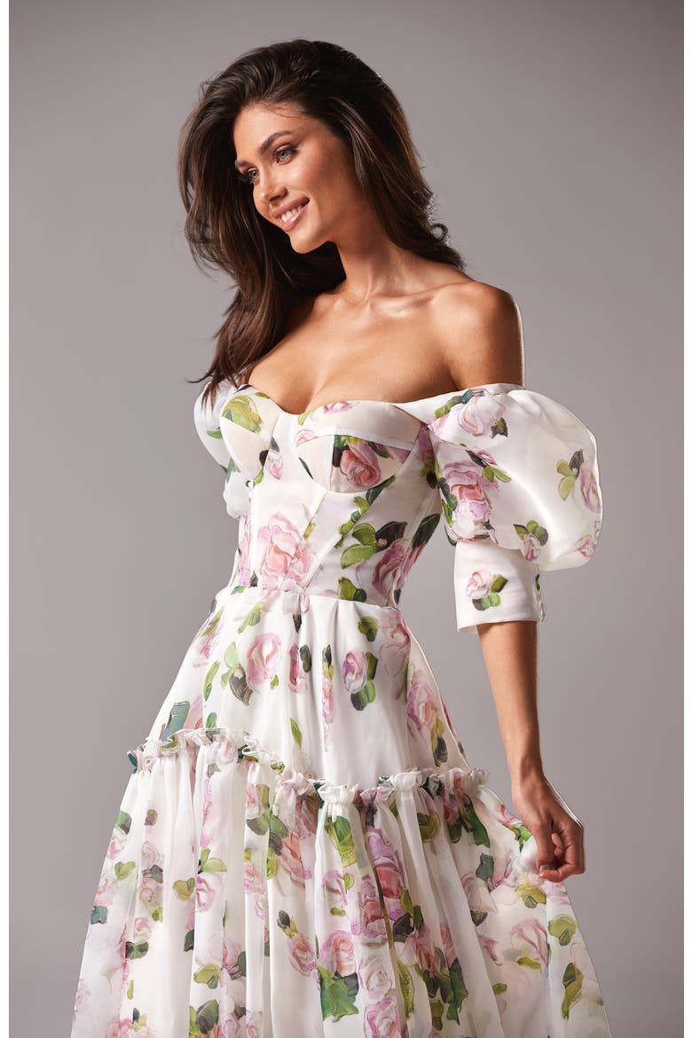 Hydrangea Feminine Voluminous Sheer Sleeves Dress, Alternate, color, Apple Blossom