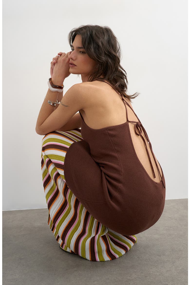 Stripe Hem Knit Halter Maxi Dress, Alternate, color, BROWN