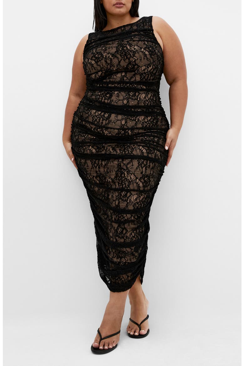 Ruched Lace Sheath Dress, Main, color, BLACK