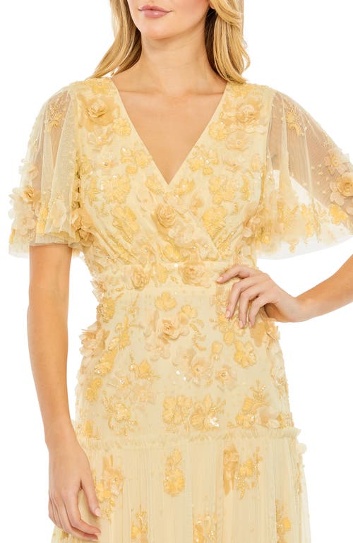Mac Duggal Floral Beaded Embellished Flutter Sleeve Tiered Dress In Butter