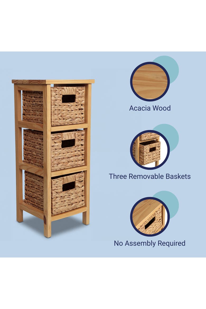 Cohen Coastal Handcrafted Pine Wood 3-Tier Storage Cabinet with 3 Water Hyacinth Woven Baskets, Alternate, color, Natural