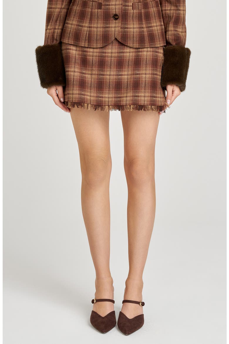 x Sara Walker Emily Plaid Fray Miniskirt, Main, color, BROWN PLAID
