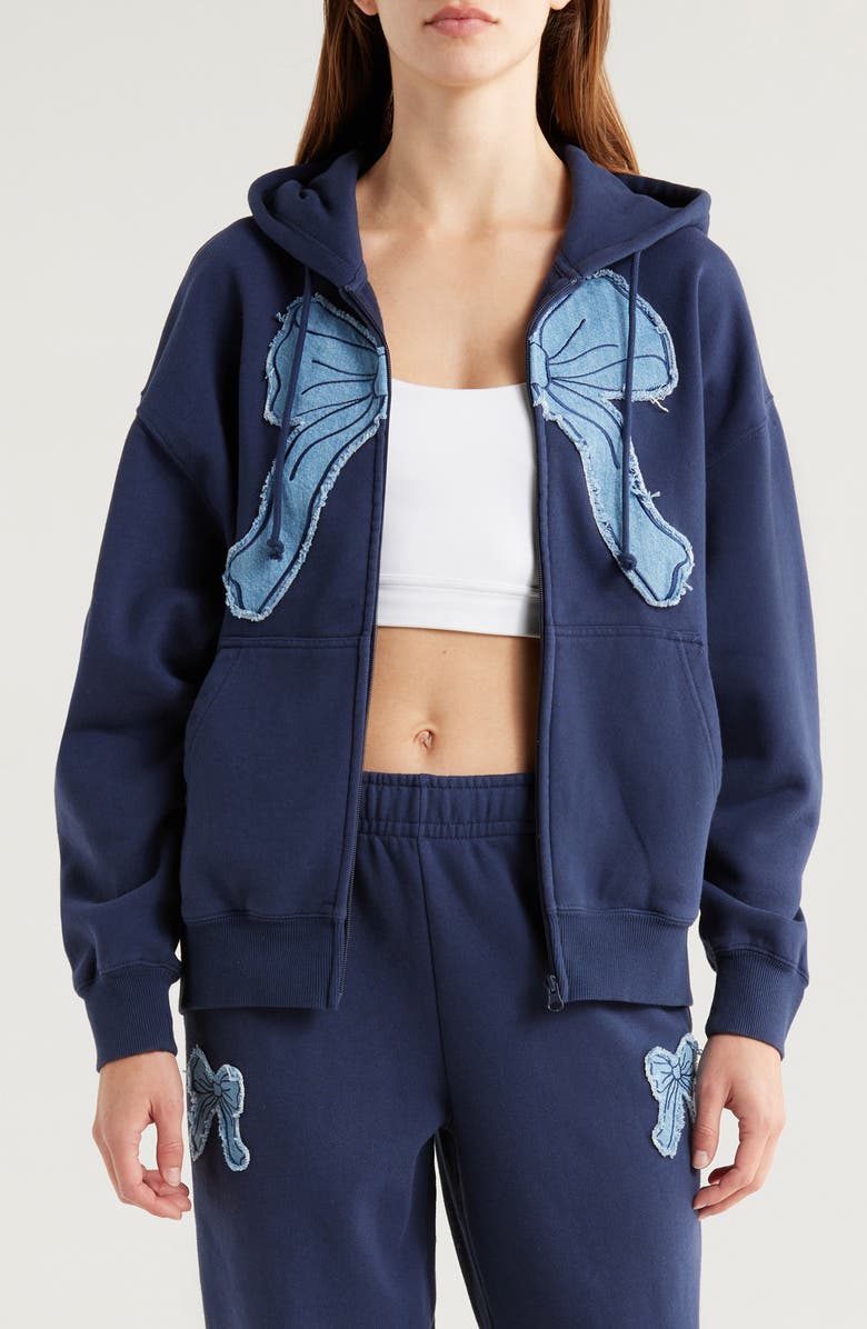 PacSun Denim Appliqué Zip-Up Cotton Blend Hoodie, Main, color,