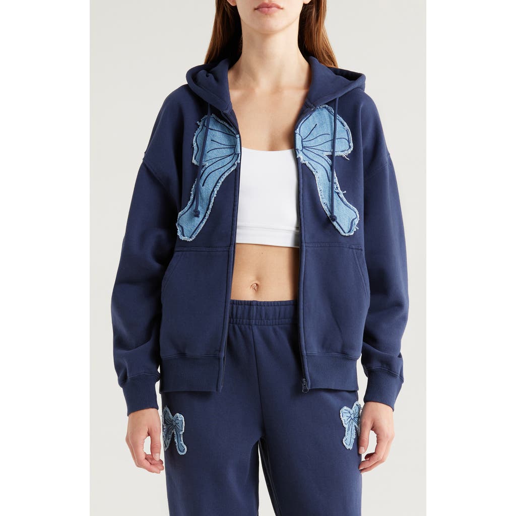 Pacsun Denim Appliqué Zip-up Cotton Blend Hoodie In Blue