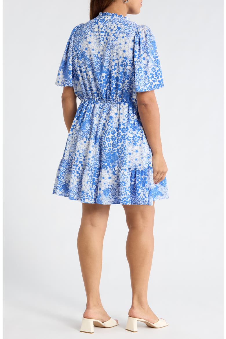 Floral Print Flutter Sleeve Dress, Alternate, color, WHITE BLUE