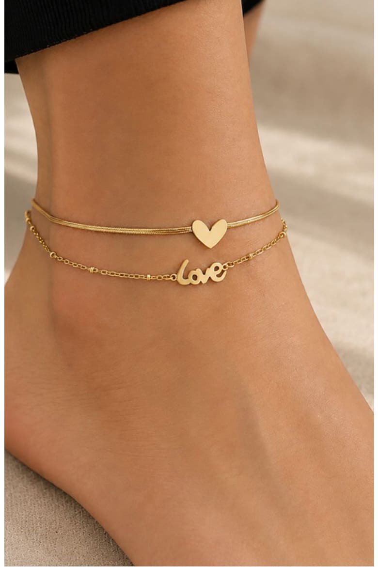 Love Heart Charm Layered Anklet, Alternate, color, GOLD