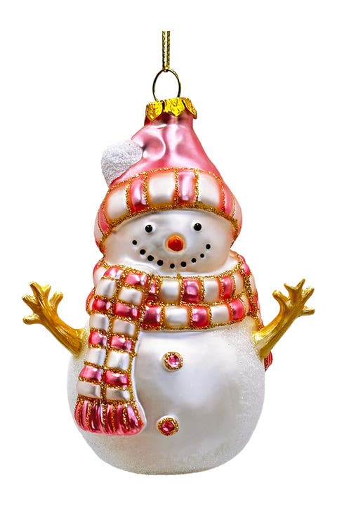 Pink Plaid Scarf Snowman Glass Ornament