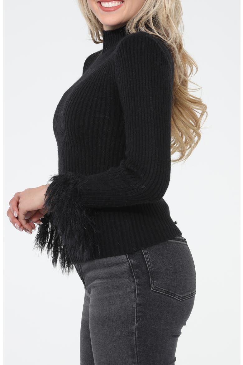 Faux Feather Cuff Ribbed Sweater, Alternate, color, BLACK