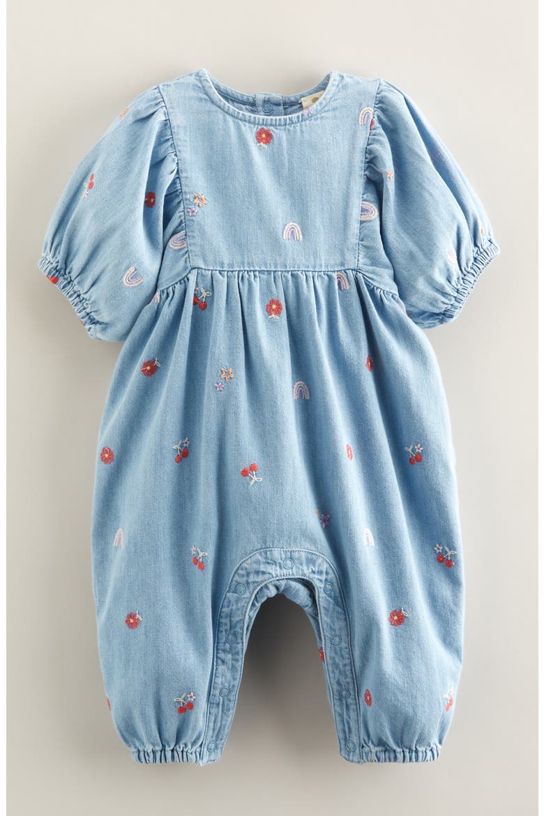 Embroidered Denim Bubble Romper, Main, color, AQUAMARINE WASH DITSY ICONS