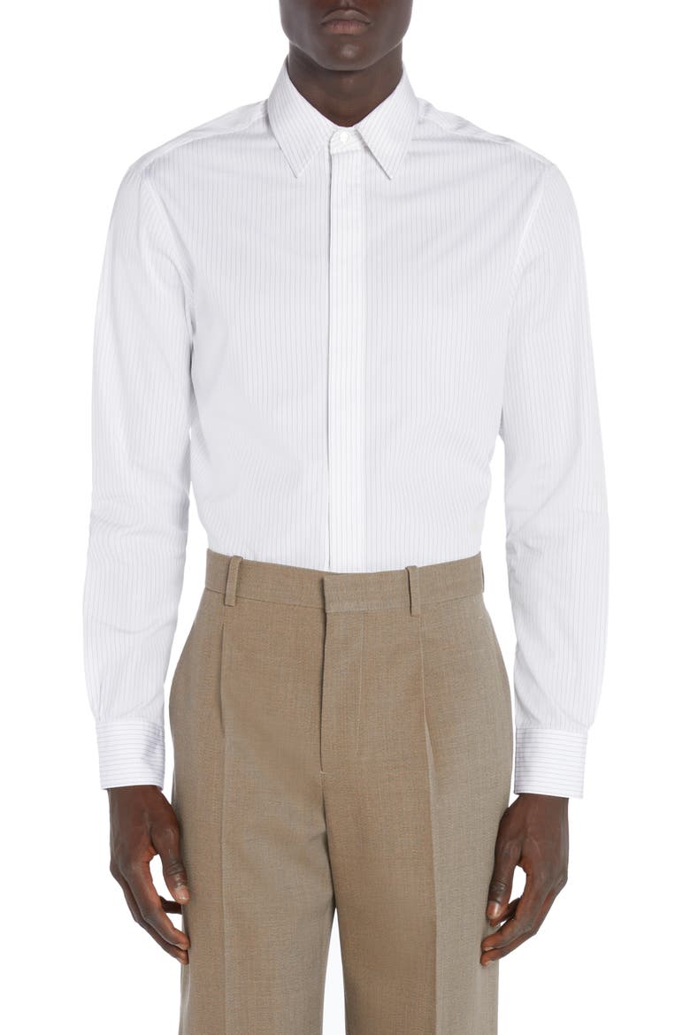 Narrow Pinstripe Button-Up Oxford Shirt, Main, color, WHITE/ GREY