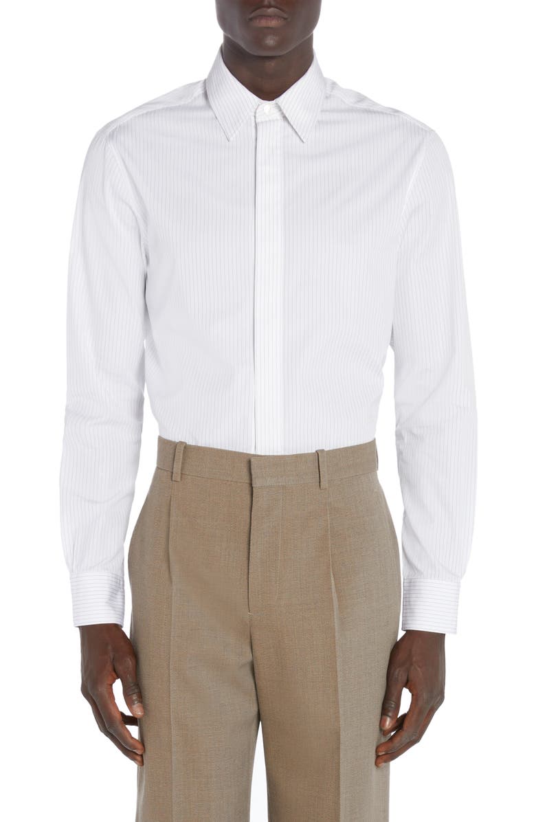 Bottega Veneta Narrow Pinstripe Button-Up Oxford Shirt, Main, color, White/ Grey