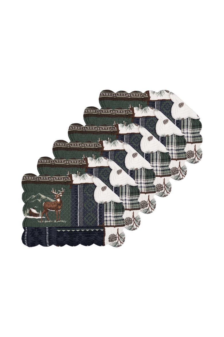 Greenstone Pines Scalloped Placemats Set of 6 Black Bear Moose, 13" x 19", Main, color, Green
