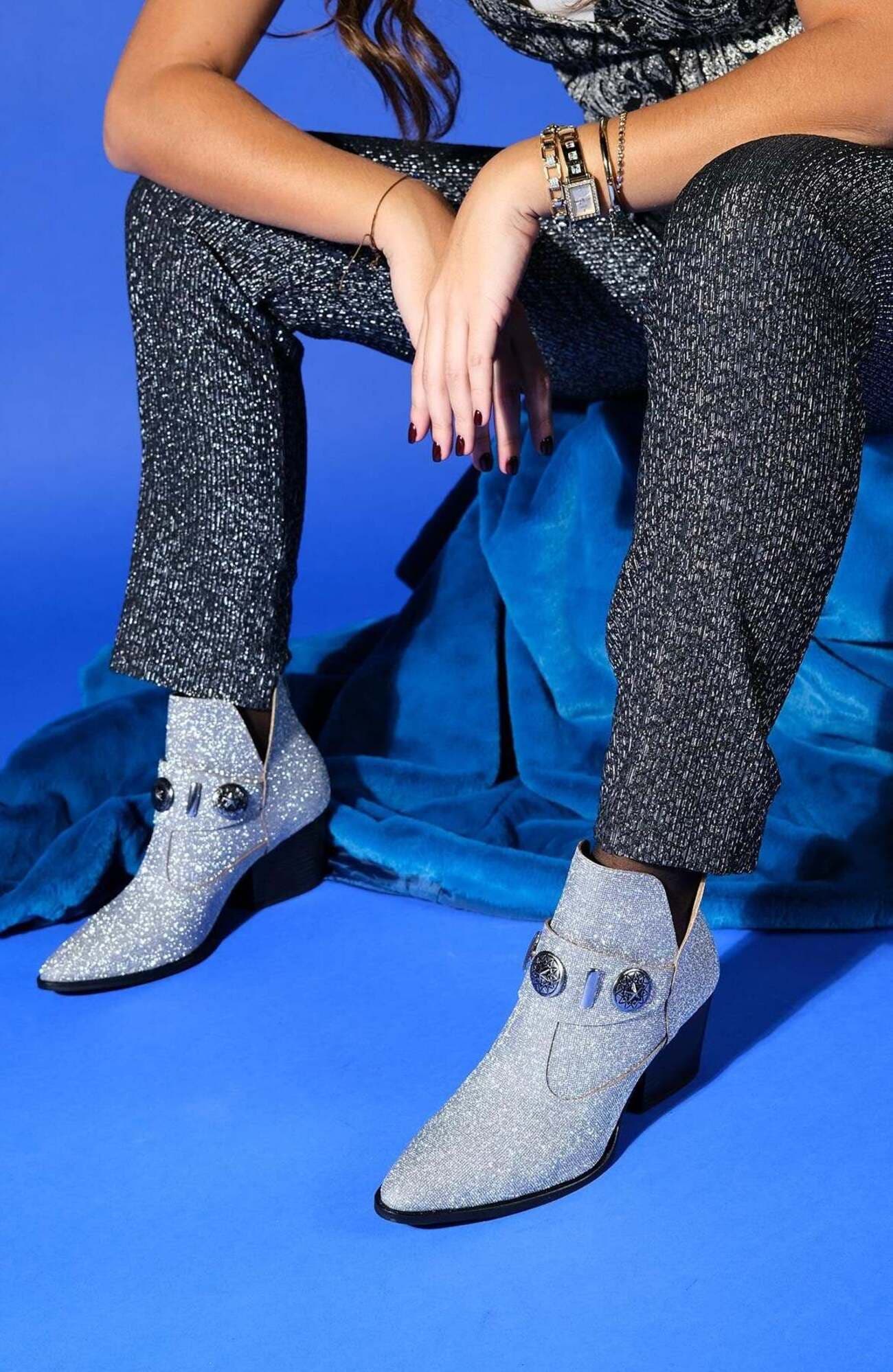 Kenda Buckle Block Heel Boot, Alternate, color, Silver Glitter Faux Leather