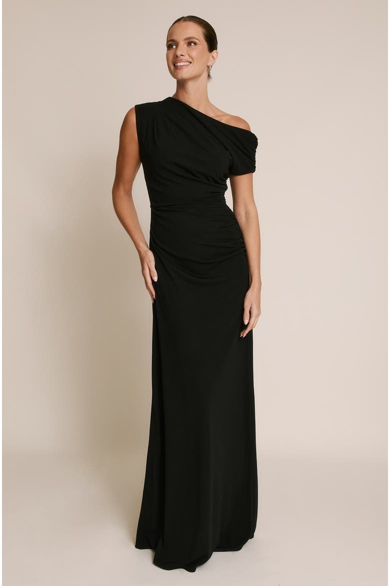 Slash Neck Draped Bridesmaid Dress, Main, color, Black