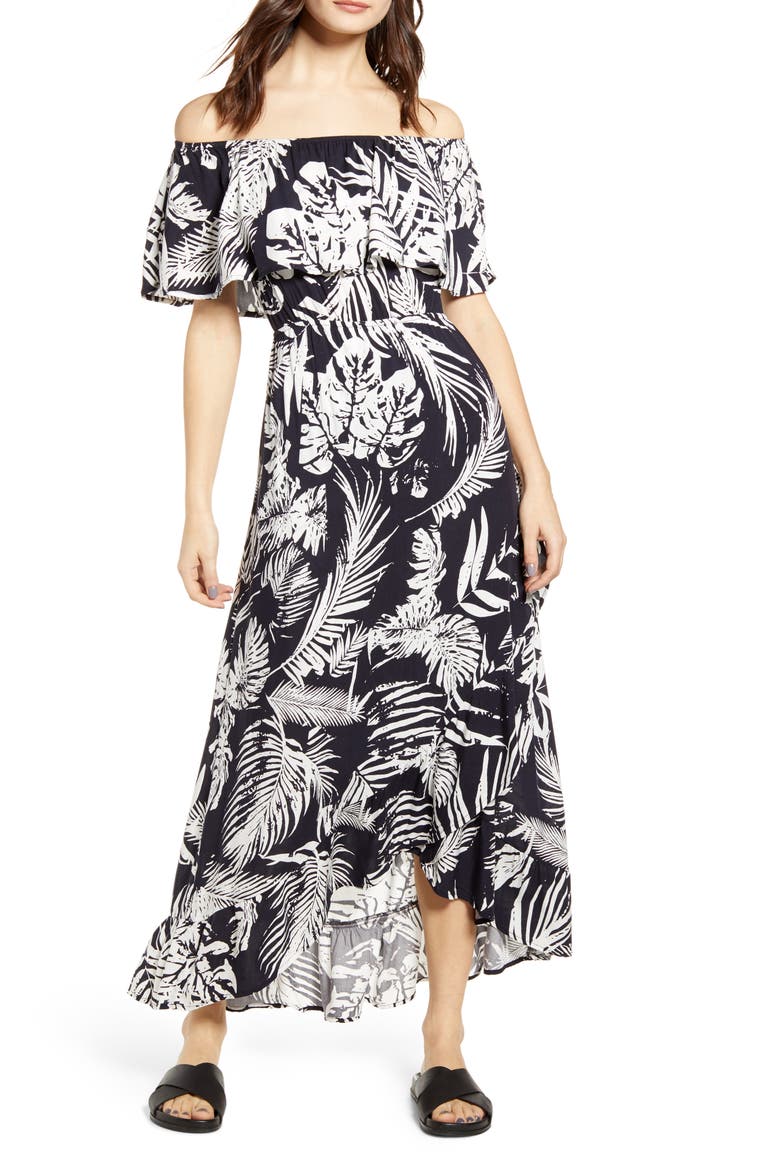 Gardenia Off the Shoulder High/Low Dress, Main, color, BLACK