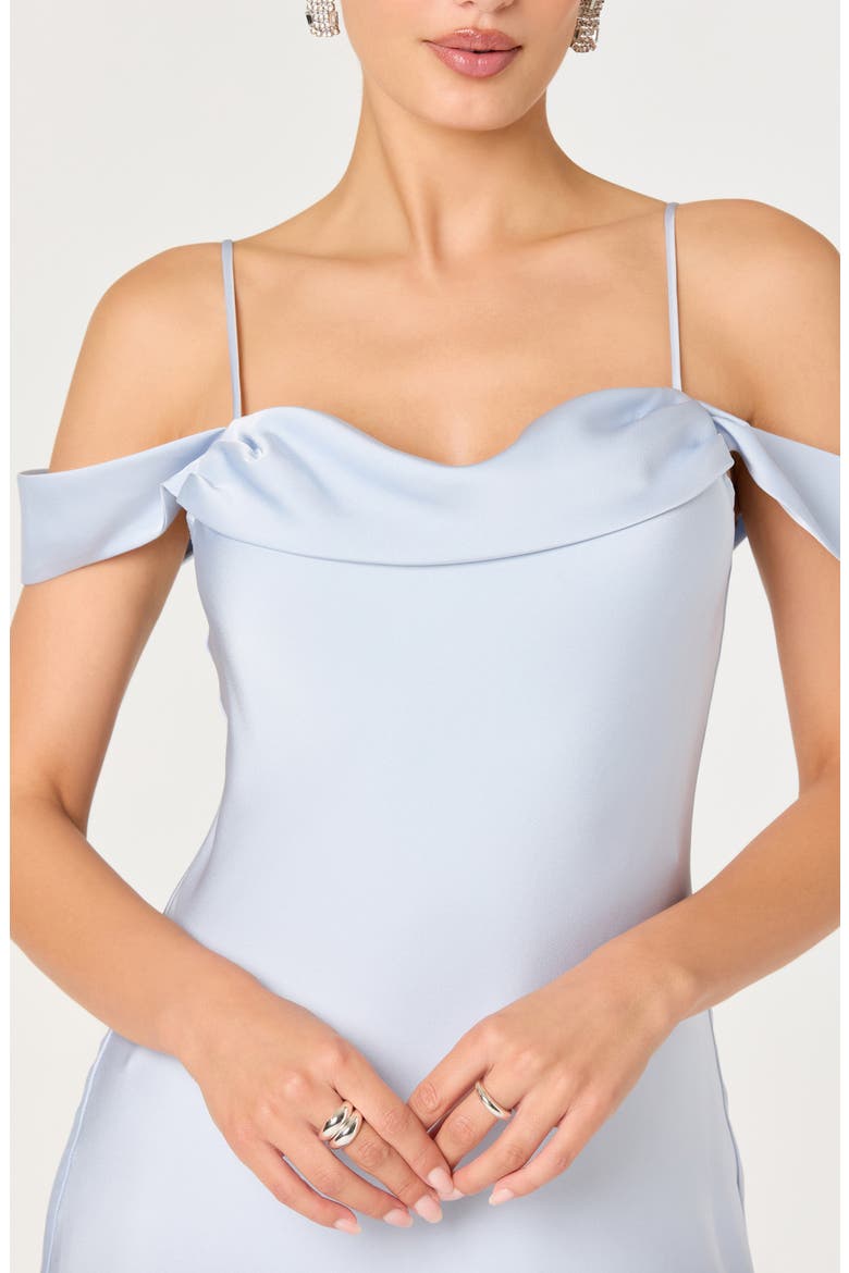 Araxie Cold Shoulder Satin Midi Dress, Alternate, color, LIGHT BLUE