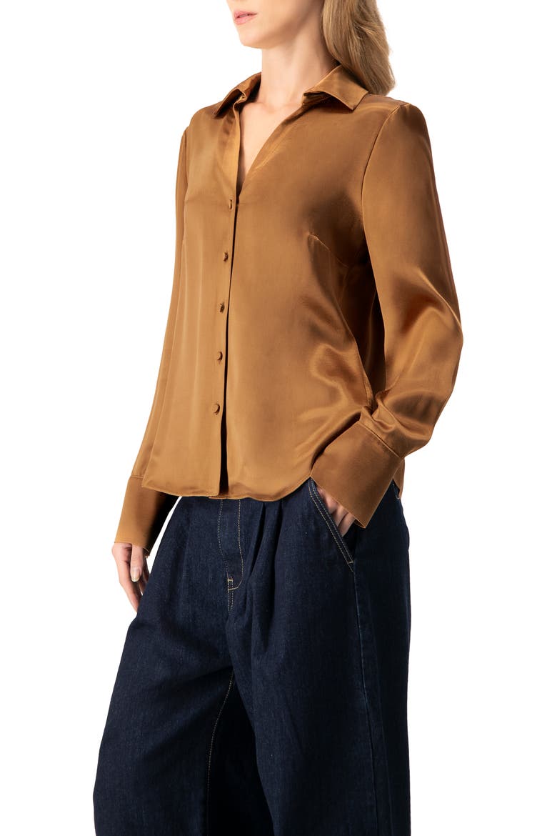 Solid Long Sleeve Satin Shirt, Alternate, color, Brown